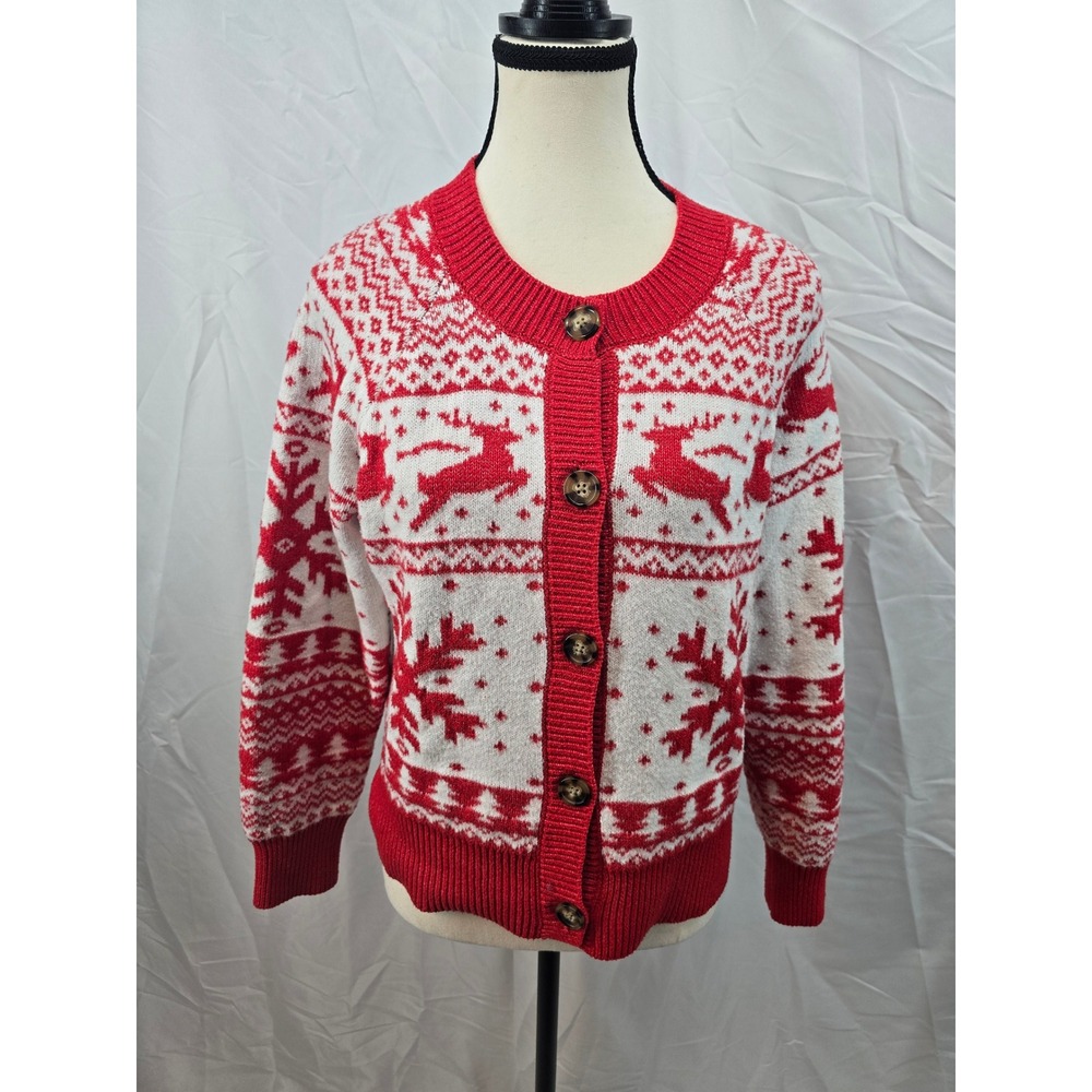 DEC 25th Women's Red White‎ Reindeer Snowflake Fair Isle Cardigan Sweater Size S